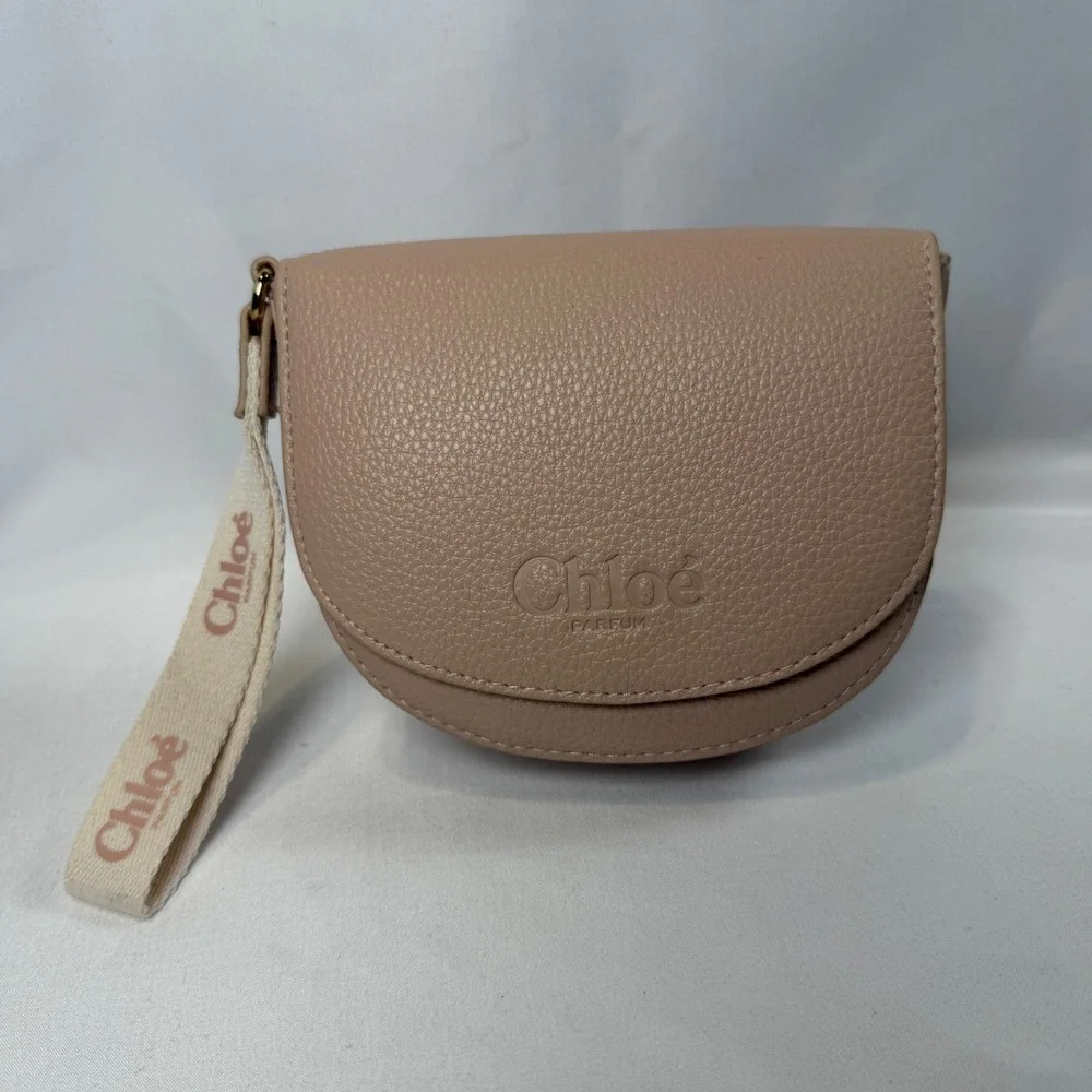 Chloe Parfum Wristlet Pouch Womens Small Beige Grained Logo Strap Makeup Bag